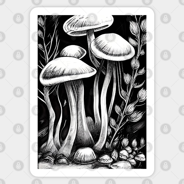 INK BLACK AND WHITE BUNCH OF MUSHROOMS Sticker by sailorsam1805